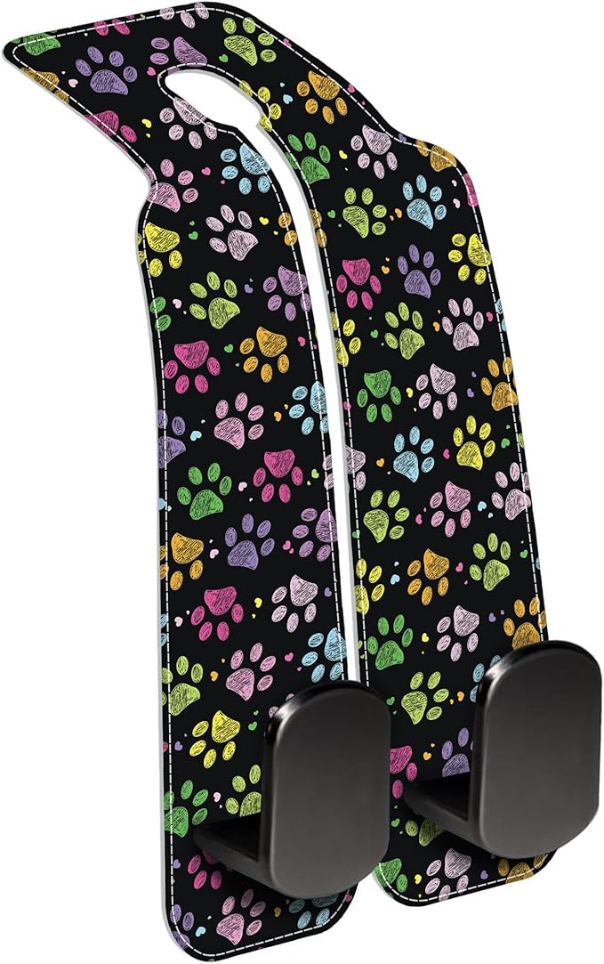 AEWNUNK Car Headrest Purse Hanger Colorful Paw Prints 1 Pack Bag Purse Holder for Car Premium Leather Double Metal Hook for Handbags, Grocery Bags and Phones