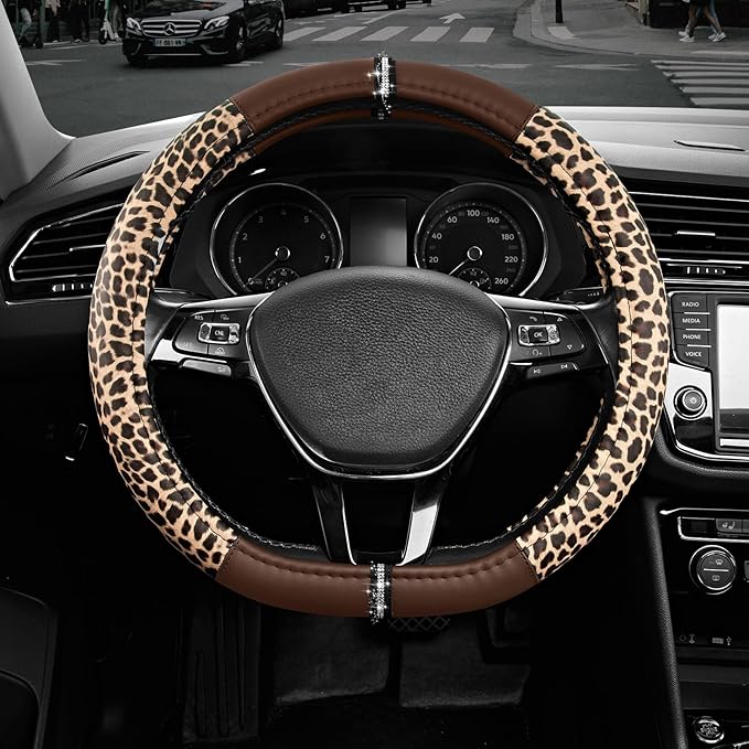 Road Comforts Leopard Steering Wheel Cover - Made with PVC Leather Cheetah Print, D-Shaped Automotive Steering Wheels - Anti-Slip, Universal Fit 14 1/2 inches to 15 inches - Brown