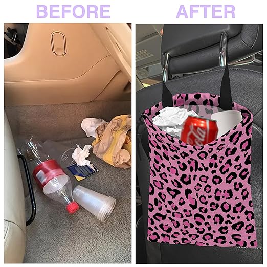 Car Trash Bag Hanging Pink Leopard Print Car Trash Can for Back Seat Waterproof Car Trash Bin with Adjustable Straps and Drawstring for Car Accessories Vehicle Travelling Camping