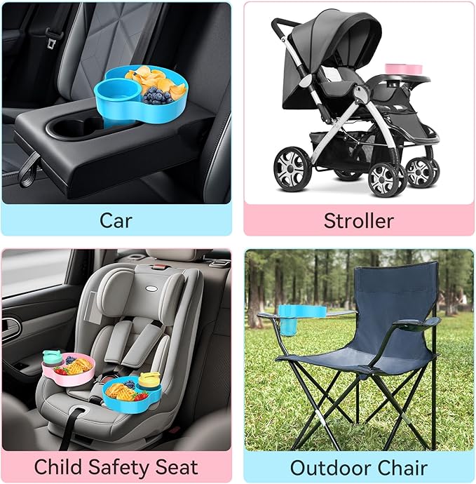 2PCS Car Seat Snack Tray for Kids: Kids Car Tray with Cup Holder, Toddlers Road Trip Essential, Travel Snacks Food Plate Cup Holder (Sky Blue&Pink)