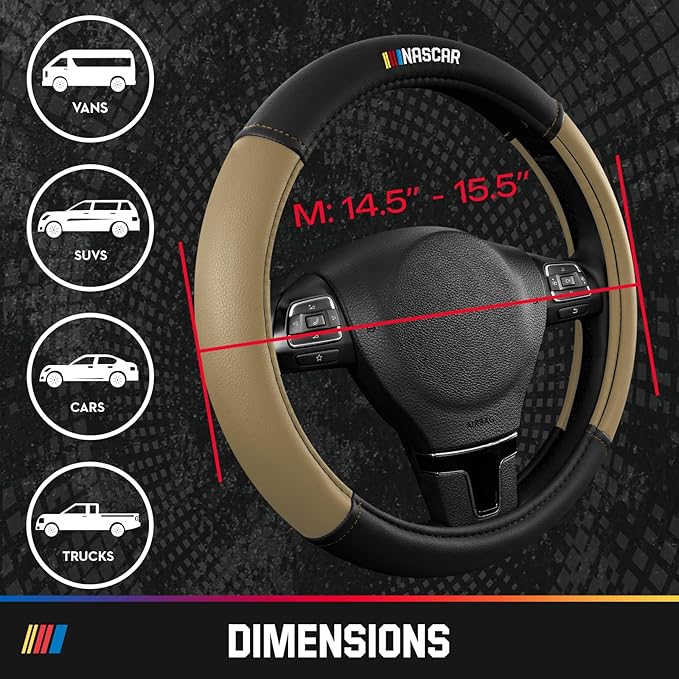 NASCAR Steering Wheel Cover, Two-Tone Beige Leather Patchwork, Universal Fit 14.5"-15.5" Steering Covers for Cars, Anti-Slip, Soft Grip, Odor-Free, Trucks & SUVs, Racing Style Interior Upgrade