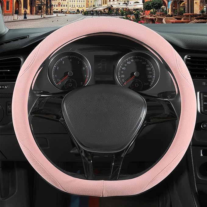 Pink Suede D Shaped Steering Wheel Cover, Breathable Non-Slip Sweat-Proof Wear-Resistant No Pilling, Warm in Winter and Cool in Summer, Universal 15 inch
