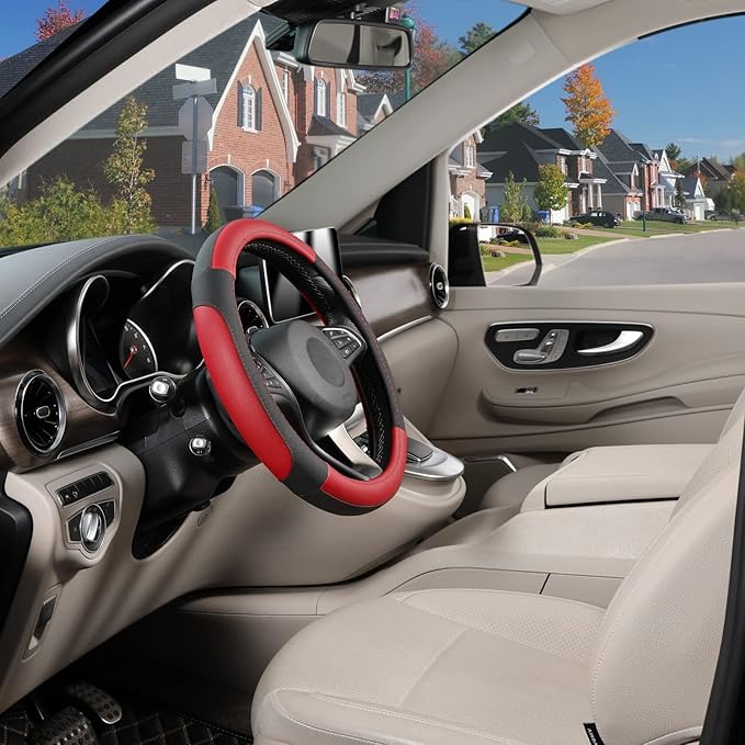 SEG Direct Car Steering Wheel Cover for Prius Civic Model 3 Model Y Camaro, Small Size 14-14.25 inch, Black and Red Microfiber Leather