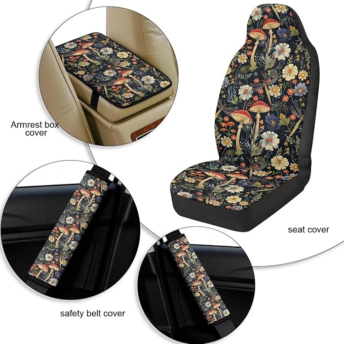 Qeluxign 5 Pieces Car Seat Cover Full Set, Mushroom Floral Seat Covers Car Seatbelt Pads Vehicle Center Console Armrest Cover Pad for Truck SUV Sedan Automotive Interior Decoration Accessorie