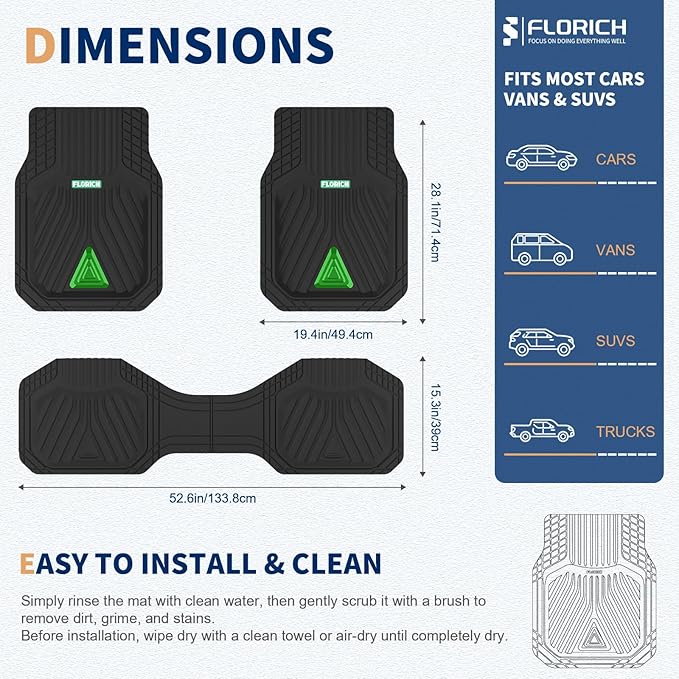 FLORICH Car Floor Mats, Heavy Duty Floor Mats for Cars, 3 Piece All-Weather Floor Mats with Anti-Slip Backing, Universal Trim-to-Fit, Waterproof Automotive Floor Mat for Cars Trucks SUV (Green)