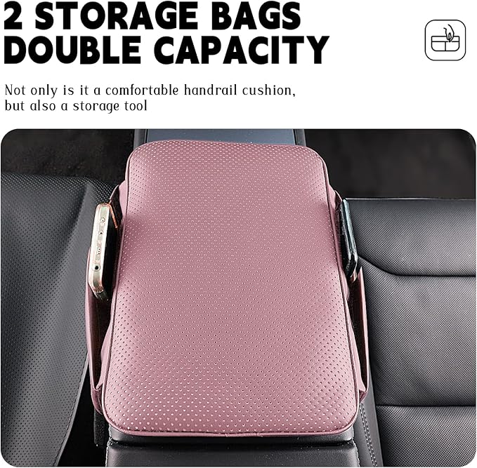 Car Armrest Cover Pad - Nappa Leather Car Center Console Cover with Breathable Holes, Non-Slip Auto Arm Rest Cushion, Universal Car Interior Accessories Fit forTesla Model Y Most Cars, SUVs (Pink)