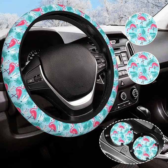 Flamingo Gifts for Women Steering Wheel Cover for Women Men with 2 Pcs Car Coasters, Universal 14.5-15 Inch Rainbow Steering Wheel Covers Non-Slip Car Accessories for Girls