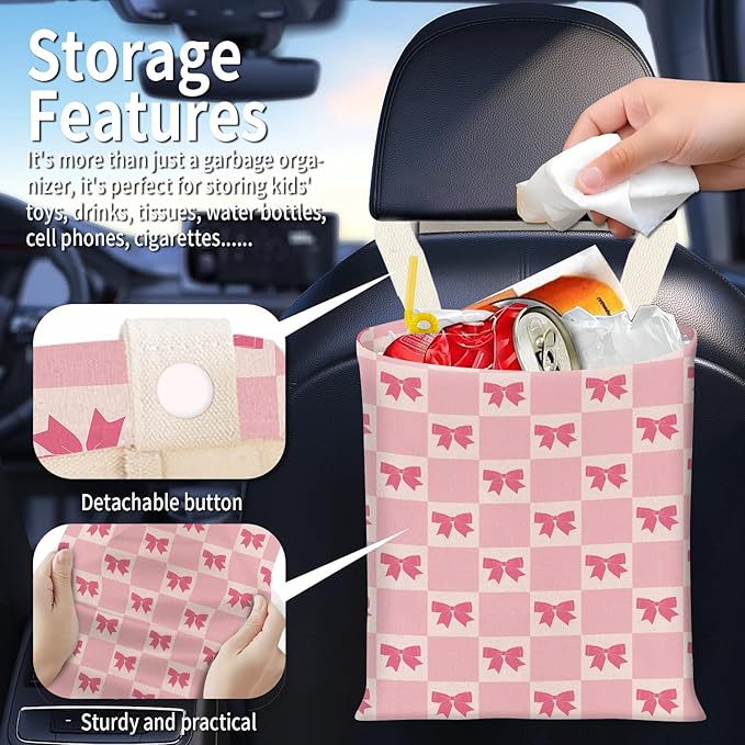 BEAKND Hanging Car Garbage Bag, Cute Car Trash Can Bag, Automotive Accessories for Women Men Cute Pink Bow Checkerboard