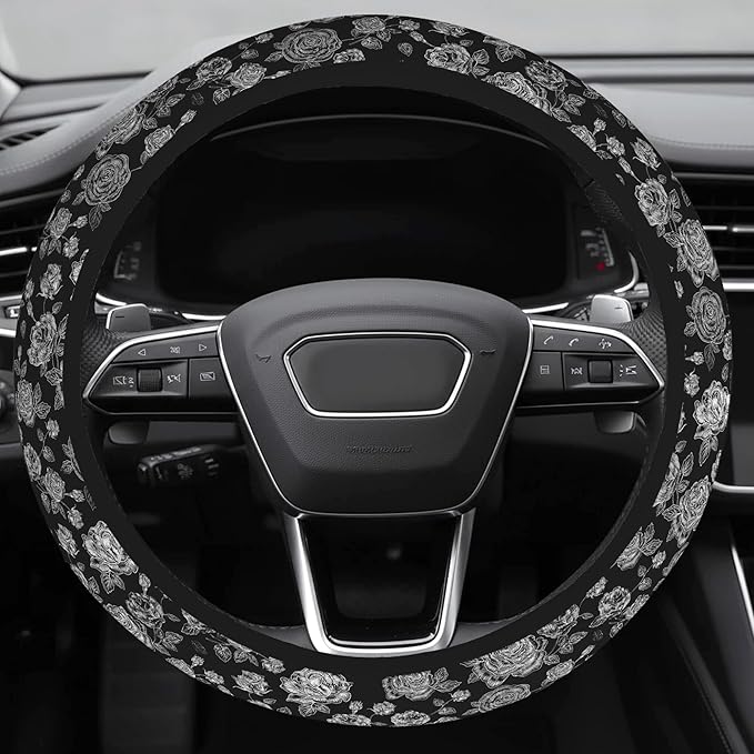 Cute Steering Wheel Cover for Women, Machine Washable Universal 14.5-15.5 inch Non-Slip Grip All Weather Use (Black White Rose)