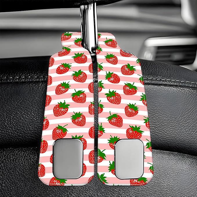 AEWNUNK 1 Pack Car Seat Headrest Hooks for Purses and Bags Watercolor Pink Strawberry Striped Bag Purse Holder for Car with Double Metal Hooks Car Purse Hanger Hanging Accessories