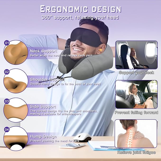 Phent zari Neck Travel Pillow, Upgraded Memory Foam Pillow for Airplane, Machine Washable, Adjustable Flight Pillow, Suitable for Sleeping Airplane, Car, Office and Home (Grey)