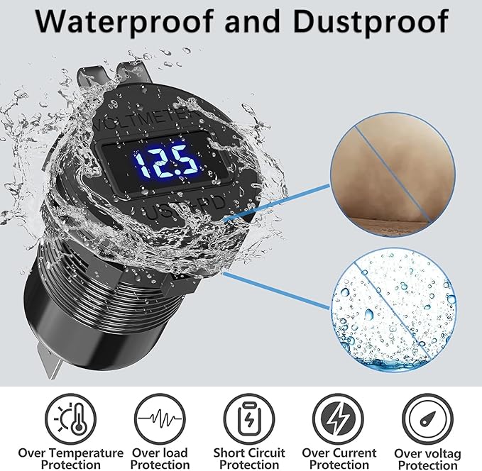 USB C Car Charger Socket, 12V USB Outlet with Voltmeter, Dual PD 30W and 18W QC3.0 Multi Port Car Cigarette Lighter Replacement Fast Charger for Boat Marine RV Vehicle