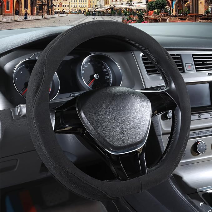 Black Suede D Shaped Steering Wheel Cover, Breathable Non-Slip Sweat-Proof Wear-Resistant No Pilling, Warm in Winter and Cool in Summer, Universal 15 inch