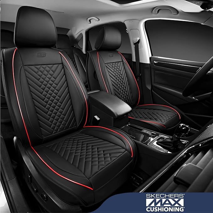 Skechers MAX Cushioning Car Seat Covers,Memory Foam Piping Leather Seat Covers,Waterproof Car Seat Protector Full Set,Car Seat Cushion Airbag Universal Fit for Most Cars,Vans,Trucks,SUV,Red