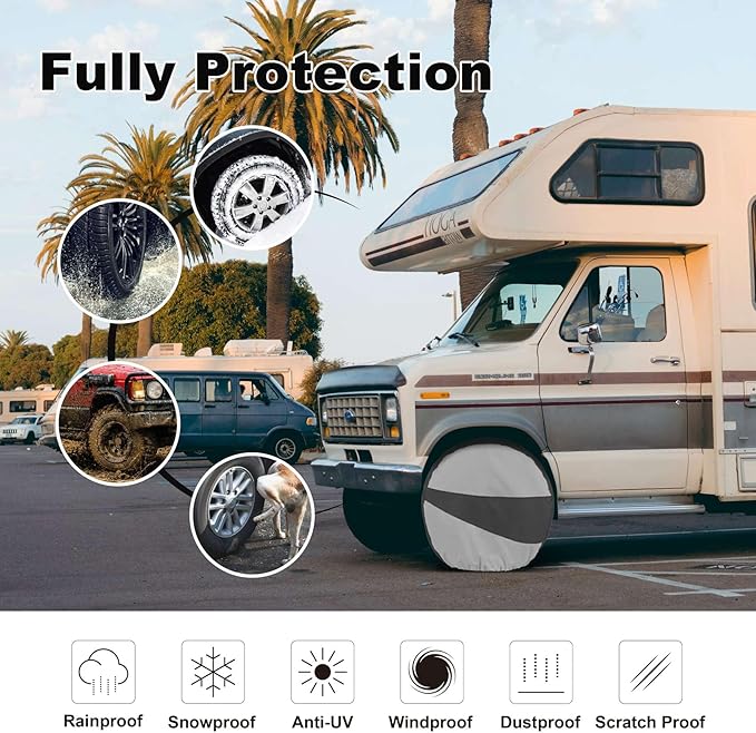 Explore Land Tire Covers 4 Pack - Tough Wheel Protector for Truck, SUV, Trailer, Camper, RV Universal Fits Tire Diameters 29-31.75 inches Black & Gray
