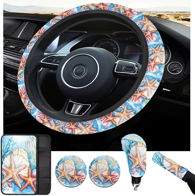 Starfish & Seashells 6pcs Car Steering Wheel Cover Set Car Armrest Cover Handbrake Coer Auto Interior Sets for Men Women Fit for Trucks Vans Suvs