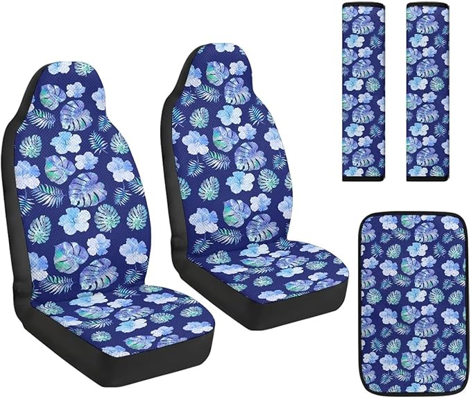 FUSURIRE 5 PCS Tropical Palm Leaf Car Accessories Set-PU Front Seat Covers, Seat Belt Covers & Center Armrest Pad Universal Fit Car SUV Truck Van