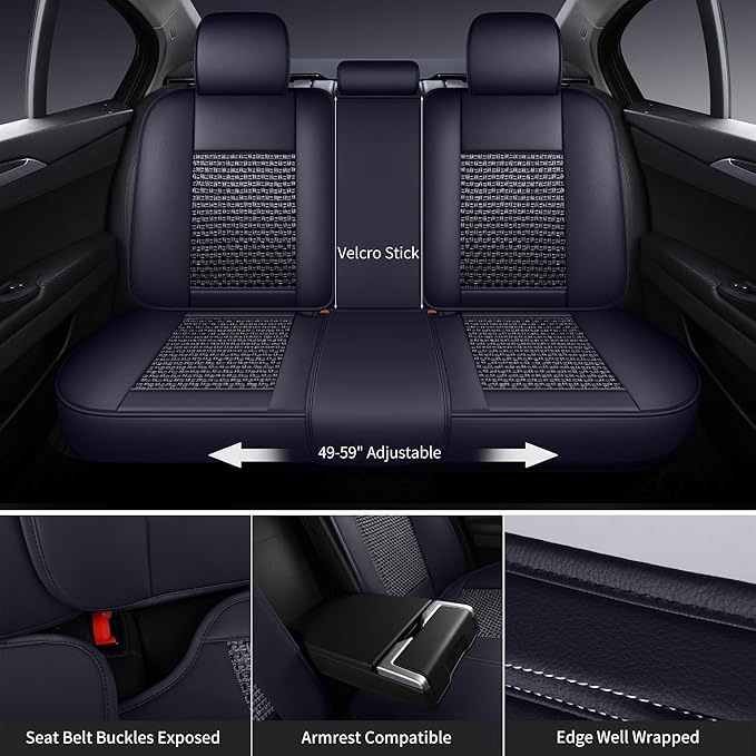 HighnessHwoo Luxury Car Seat Covers Full Set, Breathable Faux Leather Car Seat Protector, Dog Child Kids Summer Ventilated Seat Cushion for Front & Back Seats, Universal, Black, Full Set 5 Seats