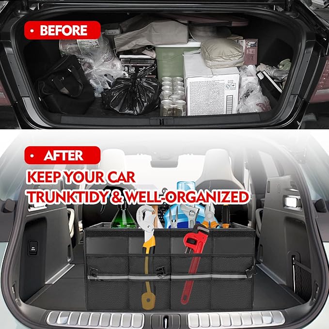 Car Organizer, Trunk Organizer for SUV, Waterproof Car Accessories for Women & Men, 55L Collapsible Trunk Organizer with Lid, 3 Compartment, 23.2"×13.5"×11"