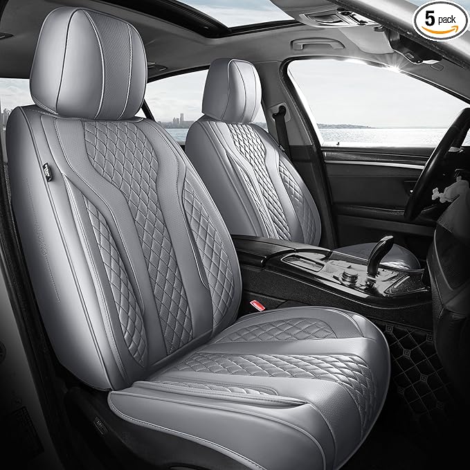 FEINEPRO Leather Car Seat Covers Full Set, Breathable Faux Leather Seat Covers for Cars SUV Sedan Waterproof Grey