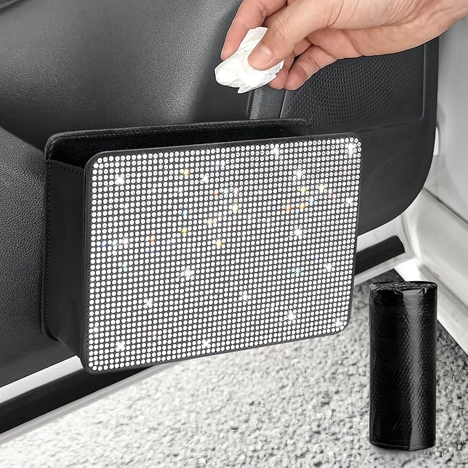 Accmor Bling Car Trash Can, Foldable Vehicle Trash Bin Dustbin Garbage Organizer Storage, Sparkling Crystal Rhinestone Trash Bags Holder Container with 30pcs Garbage Bag Car Accessories for Auto, SUV