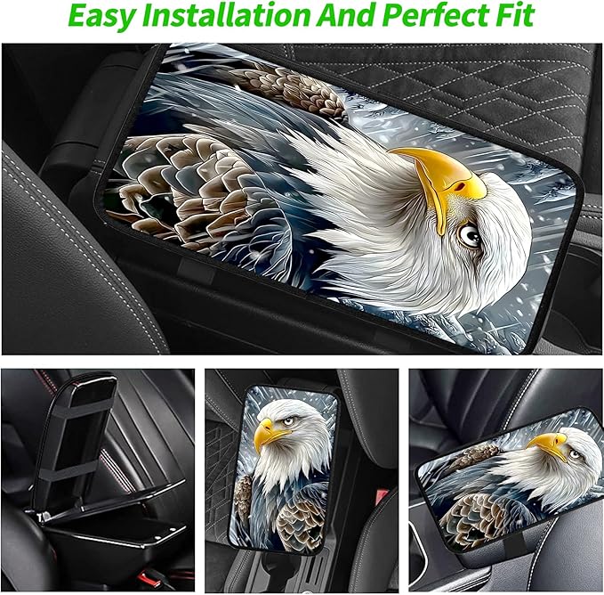 JANENFNA Car Armrest Cover Pads Universal Fashion Cute Auto Center Console Armrest Cover Pad with 2PCS Car Coasters Soft Waterproof Car Armrest Seat Protector for Women,Snowy Eagle