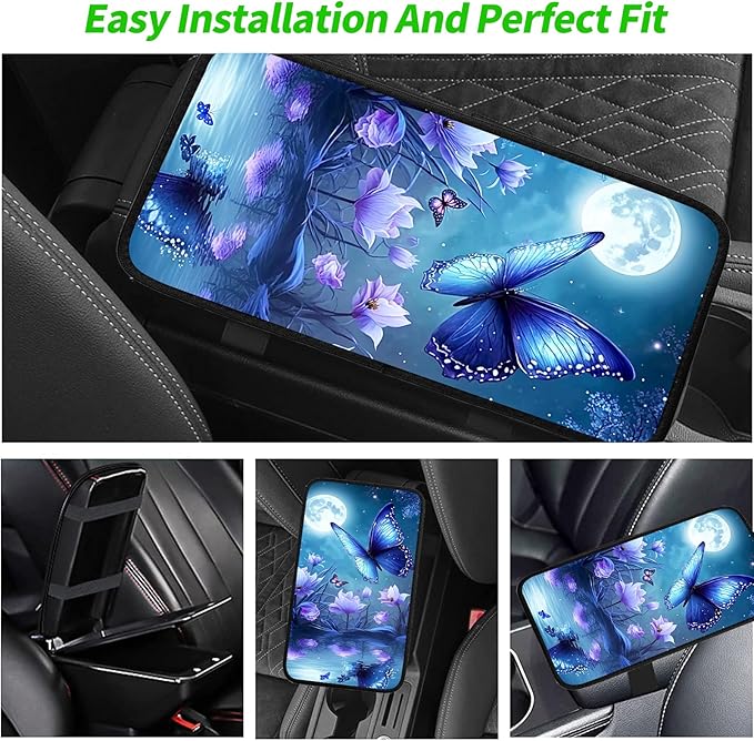 JANENFNA Car Armrest Cover Pads Universal Fashion Cute Auto Center Console Armrest Cover Pad with 2PCS Car Coasters Soft Waterproof Car Armrest Seat Protector for Women,Blue Butterfly