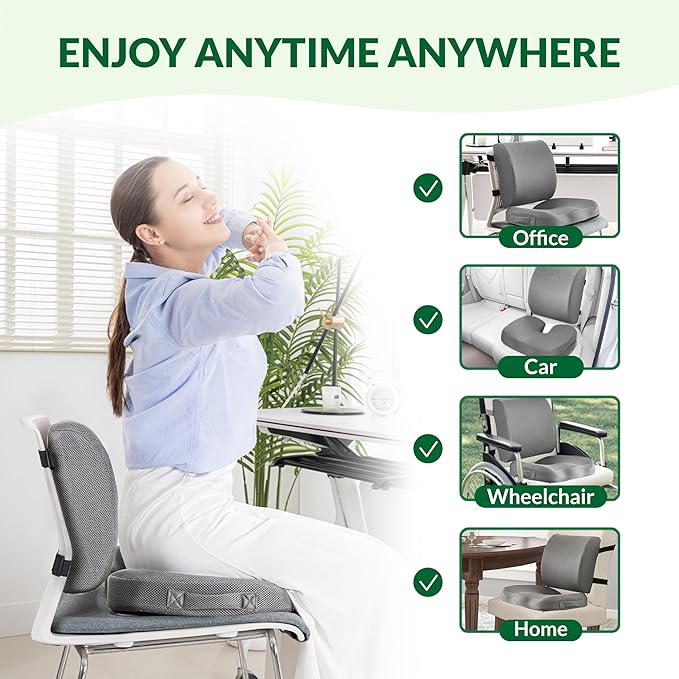 FuturaLoom Seat Cushion & Adjustable Lumbar Support Pillow Set, Charcoal Memory Foam Back & Tailbone Pain Relief, Non-Slip & Washable Cover, for Office Chair, Car Seat, Wheelchair - Grey