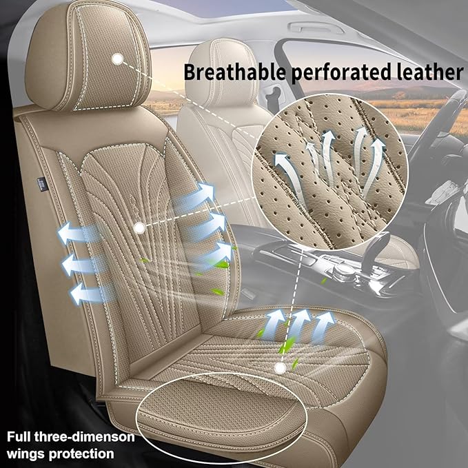 DISUTOGO Full Set Seat Covers Fit for Nissan Leaf 2011-2025 Waterproof Faux Leather Automotive Cushion Protector Car seat Covers Compatible Airbag(5 Seats, Beige)