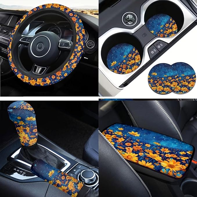 Daisy Print Car 6 PCS Set Steering Wheel Cover Women Yellow Daisy Handbrake Gear Cover Car Interior Accessories for Men Women