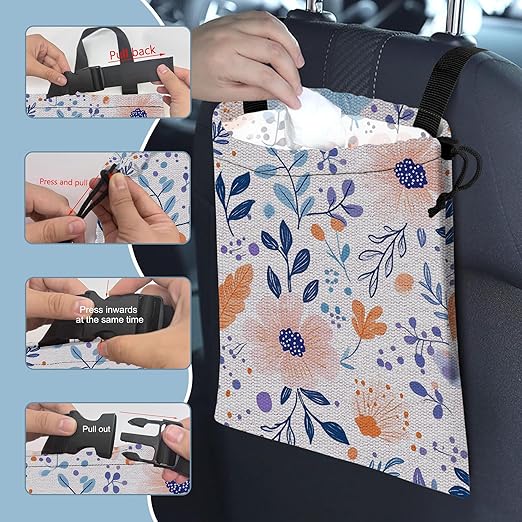 Spring Floral Car Garbage Bag,Watercolor Leaves Small Car Trash Bag Hanging,Drawstring Car Garbage Bag with Adjustable Buckle for Car Back Seat,SUVs,Camping,Road Trips