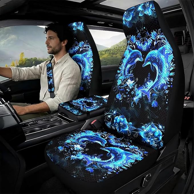 Psesaysky Dolphin Heart Car Accessories 5-Piece Set, Car Seat Protector Set, 2 Front Seat Covers, 2 Seat Belt Sleeves, 1 Armrest Pad Auto Interior Protection Set