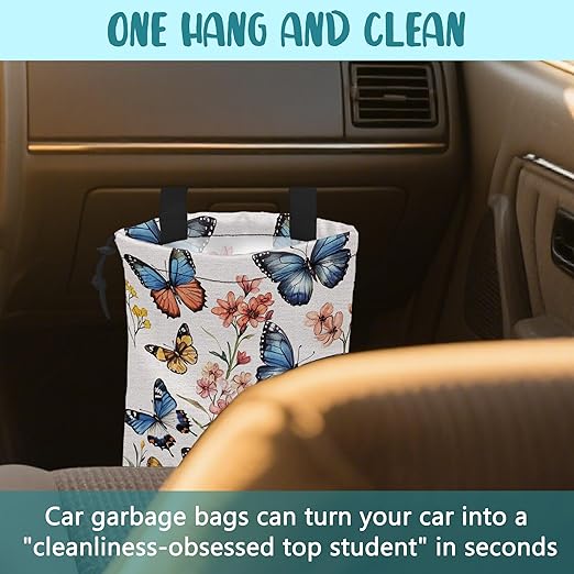 KXWQTRDD Car Trash Bag Colorful Butterfly Floral Leak-Proof Car Garbage Bag with Drawstring Foldable Canvas Trash Bin with Adjustable Buckle for Car Accessories, Travelling, Camping