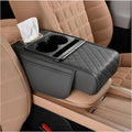 Car Center Console Armrest Pillow, Memory Foam Leather 4 in 1 Vehicle Arm Rest Cover with Tissue Box 2 Side Storage Bag Cup & Phone Holder, Auto Armrest Cushion, Universal Fit (Gray)