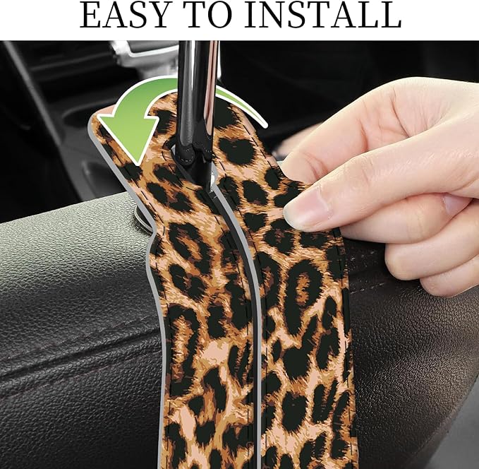 AXRQLSU PU Leather Car Seat Hook, Storage Headrest Hanger, Cute Car Backseat Organizer, Car Hooks For Purses and Bags Brown Leopard Print