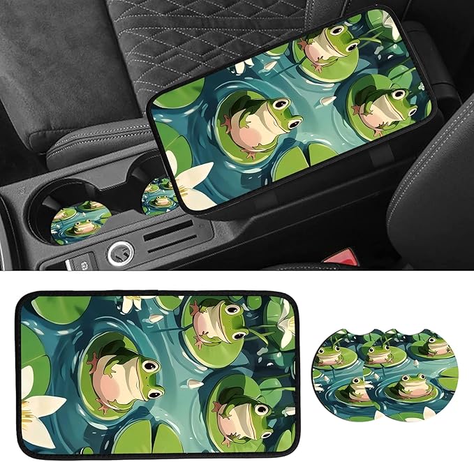 JANENFNA Car Armrest Cover Pads Universal Fashion Cute Auto Center Console Armrest Cover Pad with 2PCS Car Coasters Soft Waterproof Car Armrest Seat Protector for Women,Cute Frog on Lotus Leaf