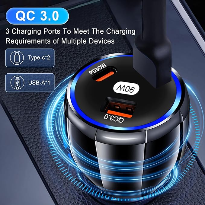 Amiss Car Charger Adapter, 3 Port USB-C & USB-A 90W Fast Charger, Car Interior Accessories, Essential Travel Gifts for Men and Women, Fit for iPhone 17/16/15/14/13Pro Max, Samsung, Android (Black 1pc)