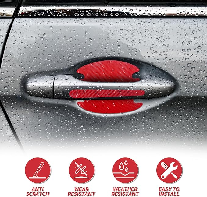 8PCS Carbon Fiber Car Door Handle Scratch Protectors, Universal Paint Guard Sticker for Door Handle Bowl, Fits Most Cars, Trucks, SUVs (Red)