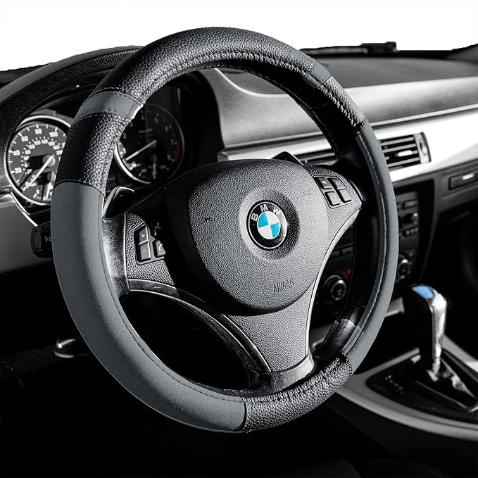 Gorla Gear Gray Leather Neoprene Steering Wheel Cover Women Men, Easy Fast Installation, Grey Universal Fit 14.5 15 15.5 Inch, Anti-Slip Safer Grip Car Accessories for Automobile Truck SUV Van
