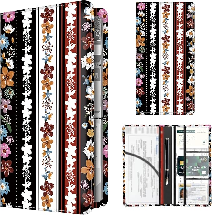 BAUCIWLD Premium Car Registration and Insurance Card Holder, Cute PU Leather Car Document Holder, Vehicle Glove Box Car Organizer with Magnetic Closure for Driver License, Cards Stripe Floral