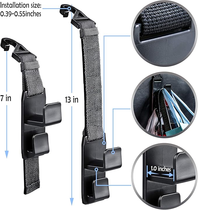 Heroway matteblack Magic Hanger Headrest Holder Organizer, Behind Over The Seat Car Hooks-Hang Purse Grocery Bags-4Pack (Frosted Black)