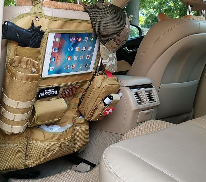 Upgrade Tactical MOLLE Car Back Seat Organizer With 14 Multi-Pockets and 4 Detachable Pouches: Trucker hat, Trauma Medical & Water Bottle Pouch, EDC Pouch, Vehicle Protector Organizer
