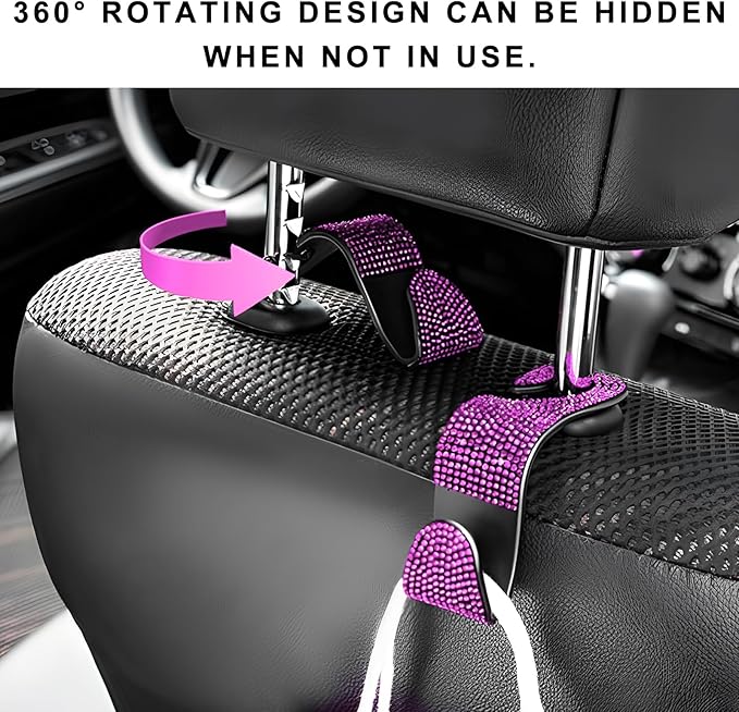 4 PCS Car Seat Headrest Hooks, Bling Crystal Rhinestone Back Seat Hanger Storage Organizer, Sparkly Seatback Holder Hooks for Purse and Bags Universal For Most Vehicles (Pink)