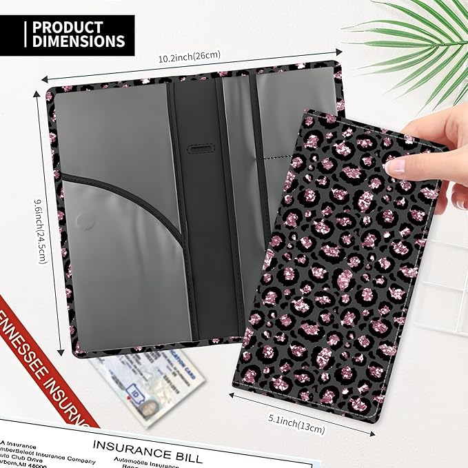 ADUQLZUX Leather Car Registration and Insurance Card Holder, Cute Car Accessories Vehicle Glove Box Car Organizer for Documents, Cards, License Glitter Sliver Leopard