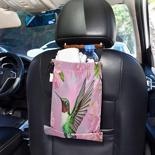 Hummingbird and Cherry Blossom Car Trash Bag Waterproof Foldable Hanging Garbage Bag Adjustable Car Trash Can Sundry Storage Bag for Automotive Front or Back Seat, 2Pack