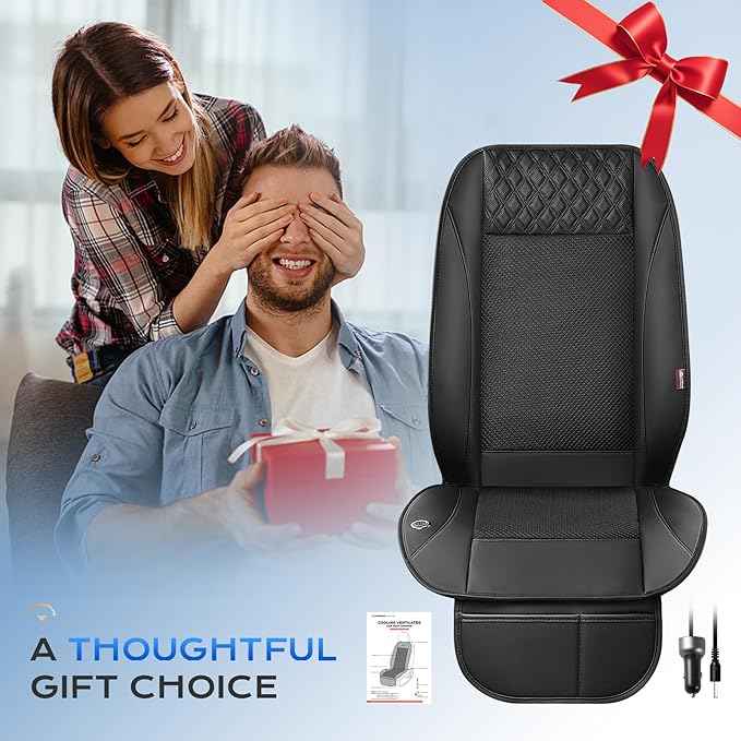 Coverado Cooling Car Seat Cover with High-Velocity Turbo Fan, Powerful Blowing & Suction Pad, 12V-24V Ventilated Cushion, 3-Speed Adjustable Airflow, Universal Fit for Car SUV Truck Van（Black）