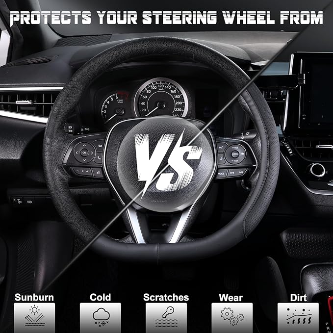 SEG Direct D Shaped Steering Wheel Cover for 14.5-15 inch Flat Bottom Wheels, Breathable Perforated Microfiber Leather, Anti-Slip Grip, Universal Fit for Cars & SUVs, Black