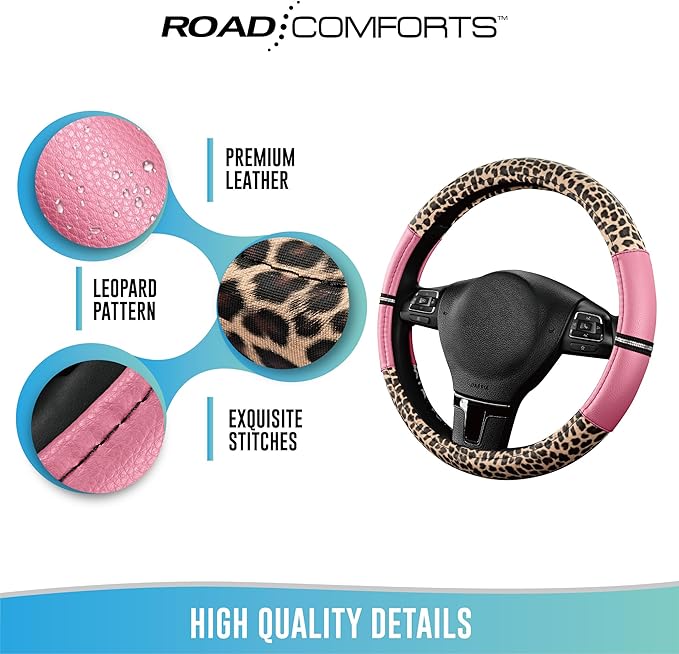 Road Comforts Leopard Steering Wheel Cover - Made with PVC Leather Cheetah Print - Anti-Slip, Universal Fit 14 1/2 inches to 15 inches - Pink