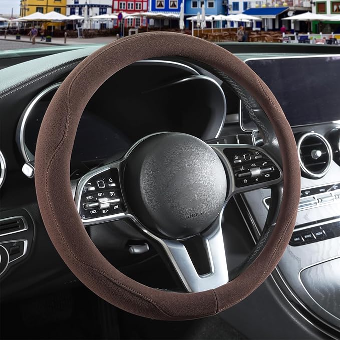 Brown Suede Steering Wheel Cover Large for Model X Model S Ford F150 F250 F350, Breathable Non-Slip Sweat-Proof Wear-Resistant, Warm in Winter and Cool in Summer, 15.5 inch to 16 inch