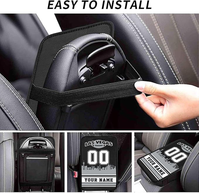Custom Football Car Armrest Covers Personalized Football Style with Name Number Customized Auto Center Console Pad Car Handrail Box Cushion for Most Vehicle Decor Accessories, Black